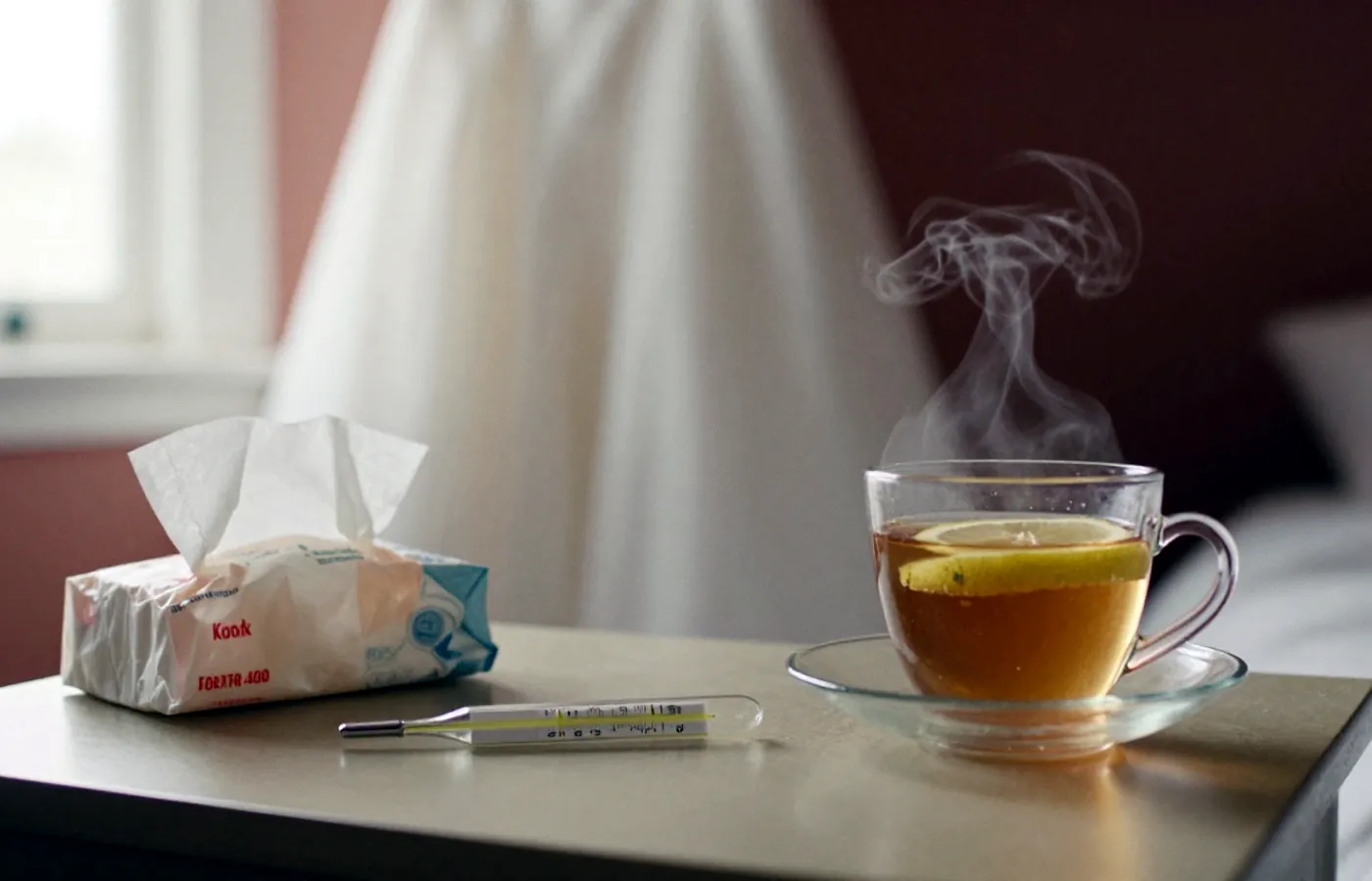 Nachttisch mit Fieberthermometer, Taschentüchern und Tee am Hochzeitsmorgen.