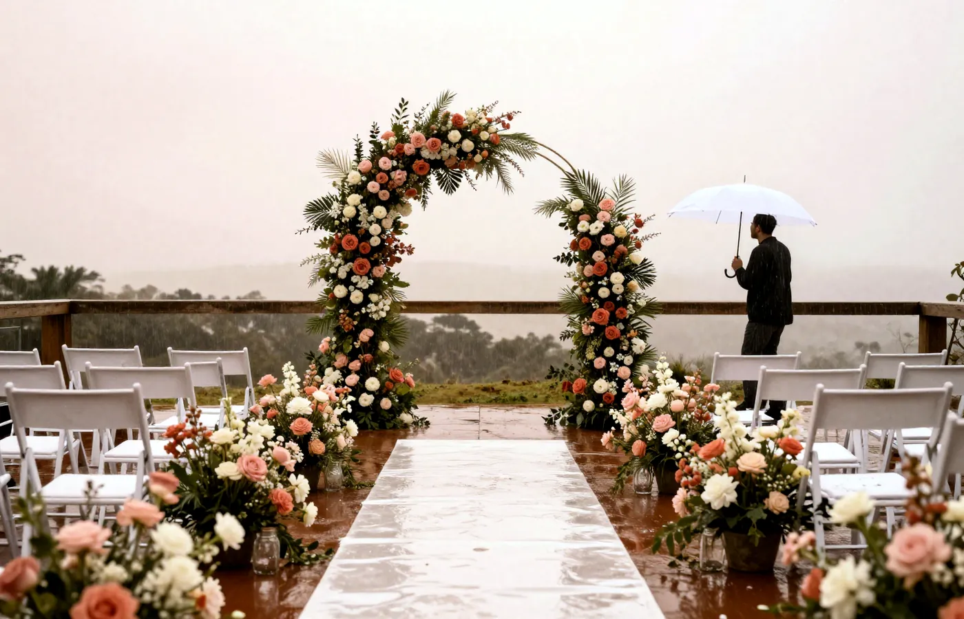 Outdoor-Hochzeit im Regen – Gäste flüchten unter Schirme.